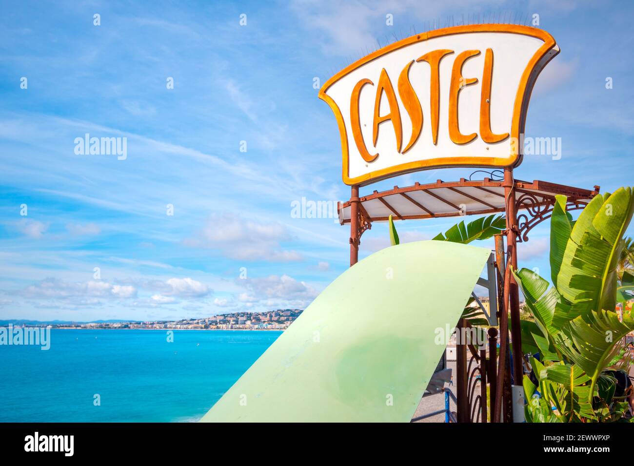 Promenade view of the Castel Plage sign and entrance along the French Riviera in the city of Nice, France. Stock Photo