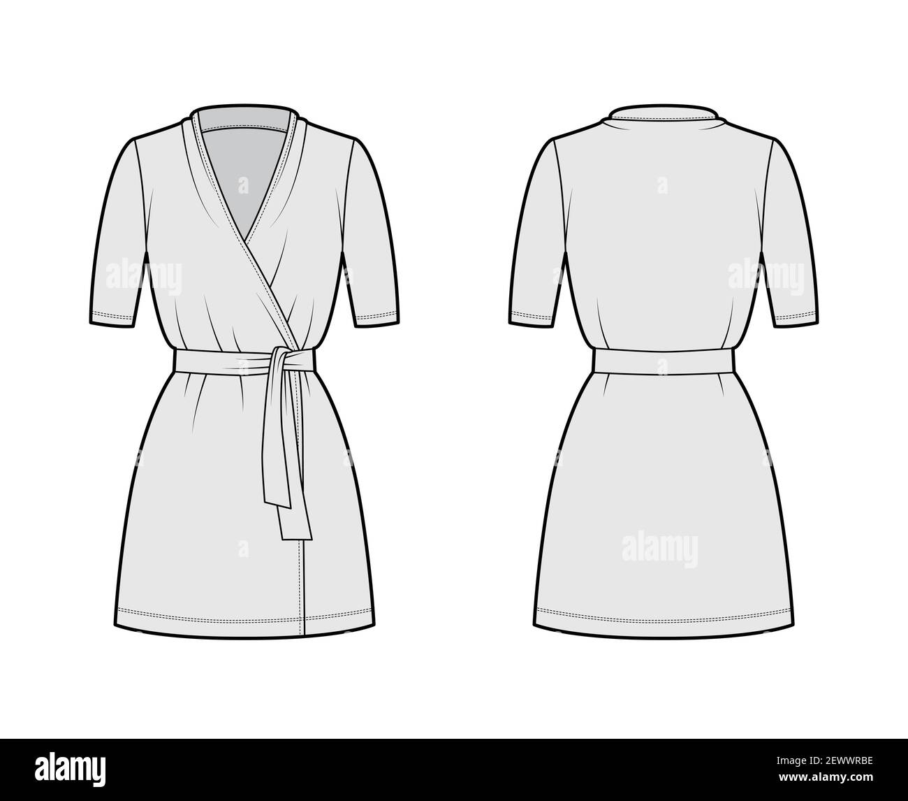 Wrap dress technical fashion illustration with deep V-neck, short sleeves, oversized, mini length, pencil cut, tie. Flat apparel template front, back, grey color style. Women, men unisex CAD mockup Stock Vector