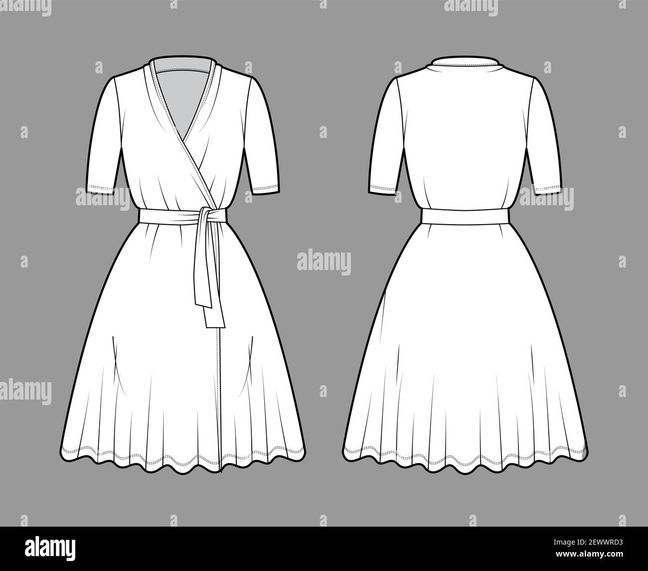 Wrap dress technical fashion illustration with deep V-neck, short ...
