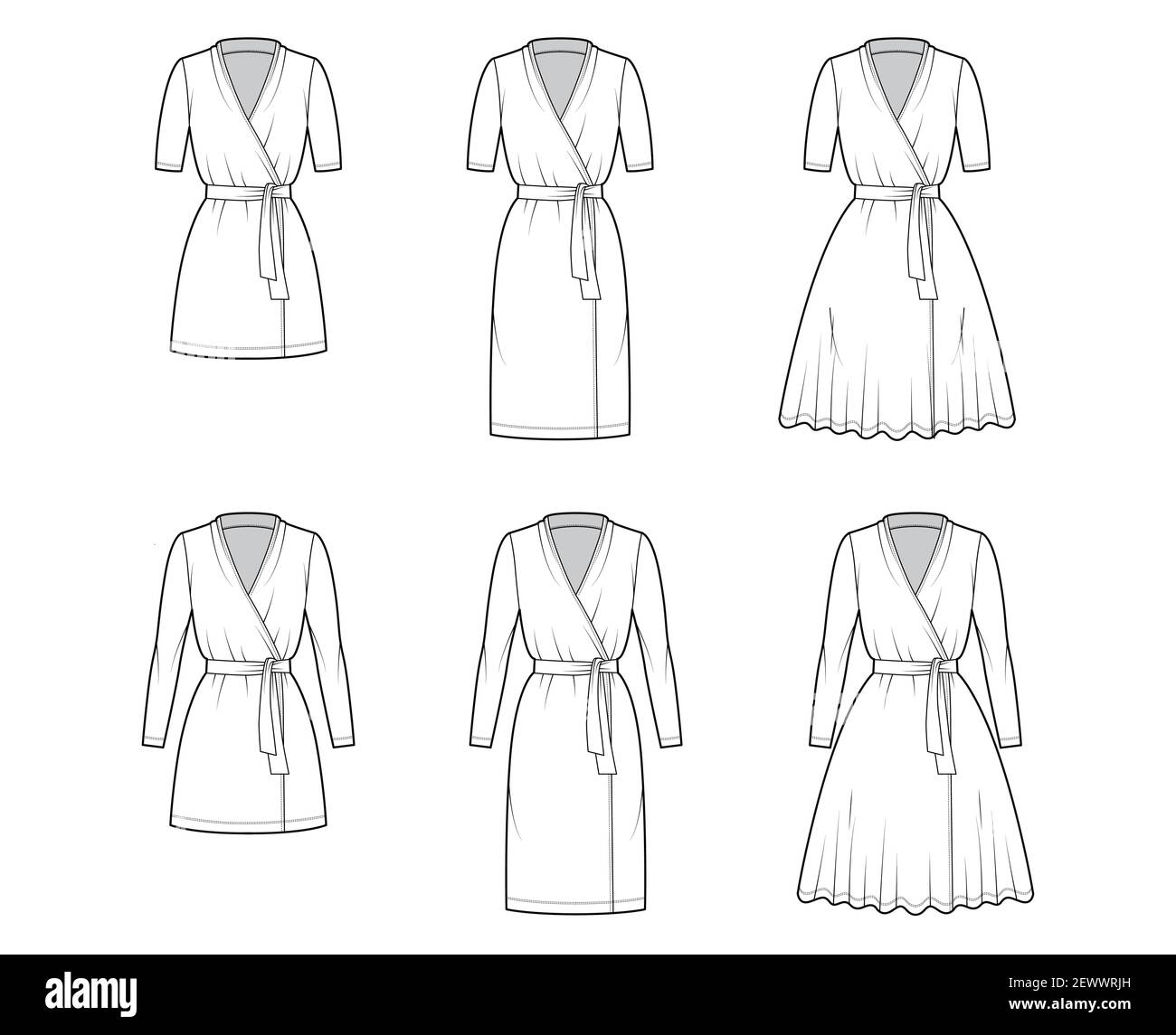 Set of Wrap dress technical fashion illustration with deep V-neck ...