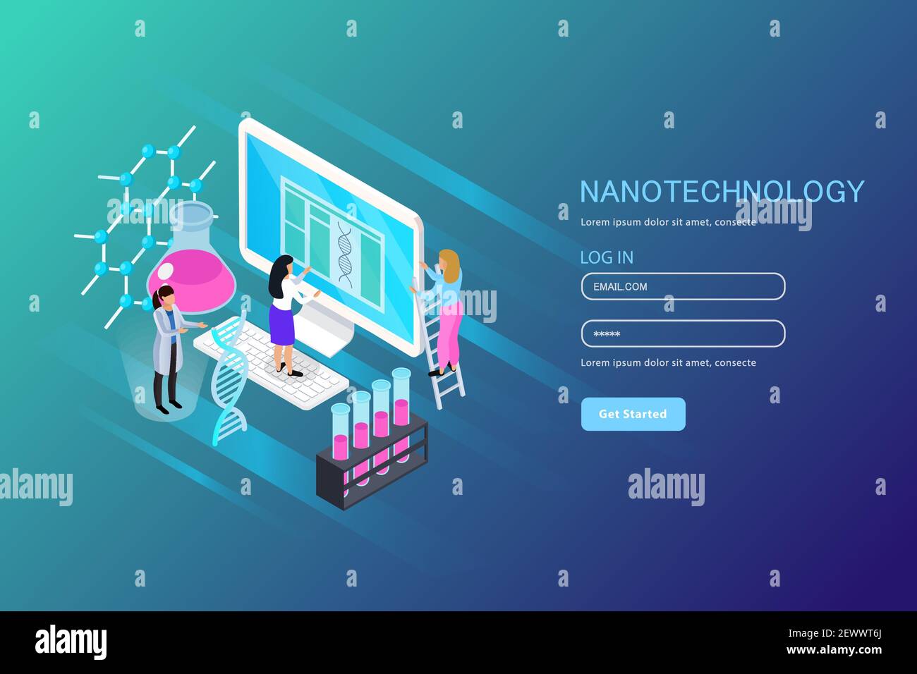 Nano technology isometric composition for web page with user account on blue gradient background vector illustration Stock Vector