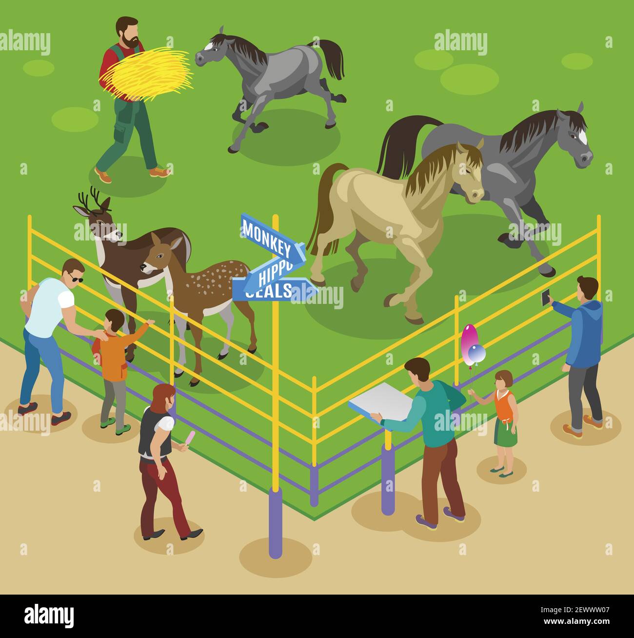 Contact zoo isometric composition with horses deers and zoo workers with barriers and guest people characters vector illustration Stock Vector