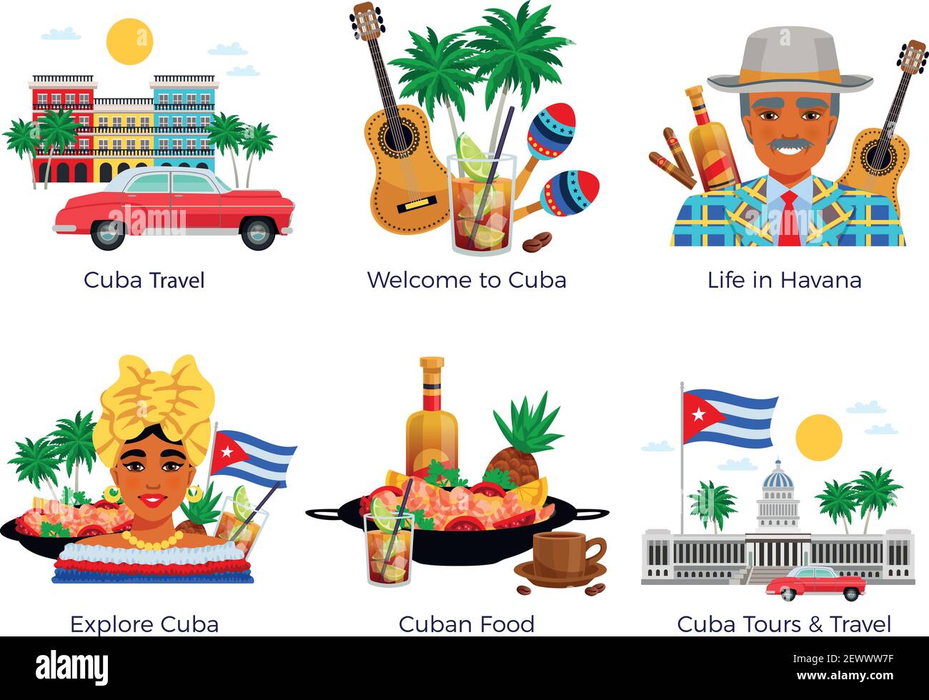 Cuba travel icons set with food and music symbols flat isolated vector illustration Stock Vector