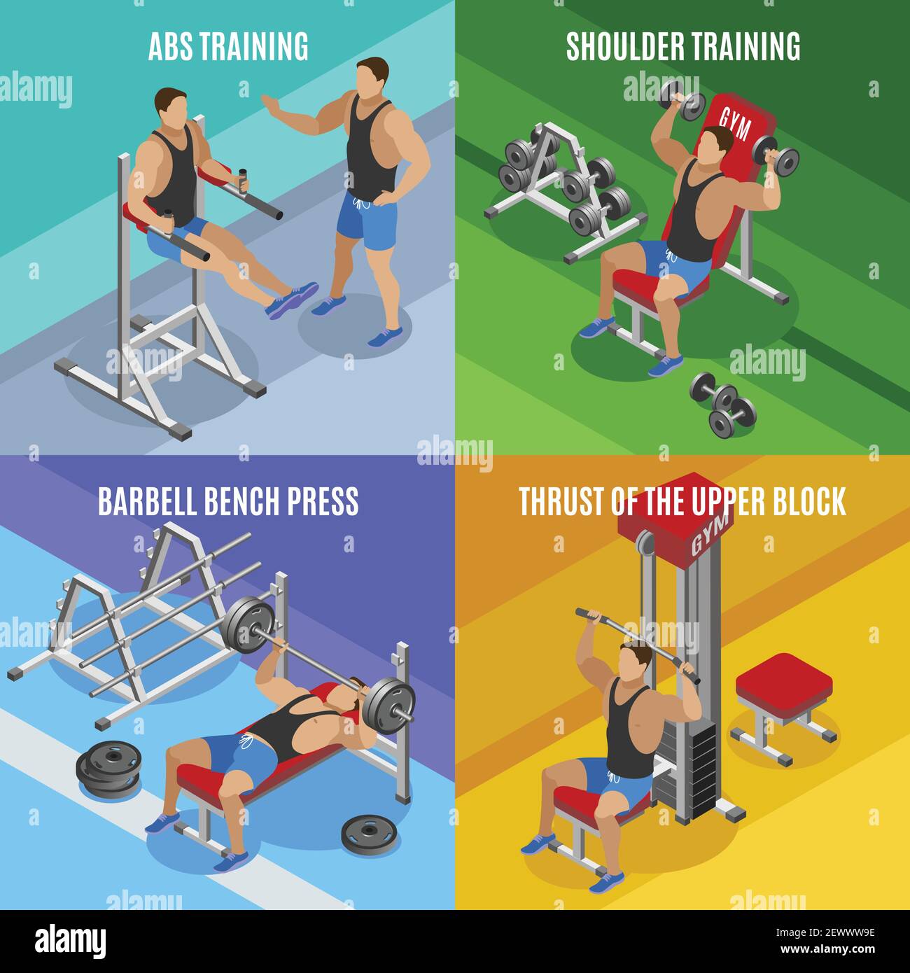 Body building isometric design concept men during workout on various exercise equipment isolated vector illustration Stock Vector Image Art Alamy