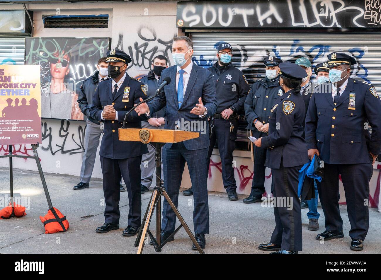 Police Commissioner Dermot Shea press conference to combat graffiti and improve quality of life on Orchard Street. Initiative to combat graffiti is designed to improve quality of life and to lower crimes in the city. Graffiti causes substantial financial costs to homeowners and merchants and public institutions and facilities. Graffiti is often related to drug and gang violence. There were more than 6,000 complaints in calendar 2020 about property damaged by graffiti. (Photo by Lev Radin/Pacific Press) Stock Photo