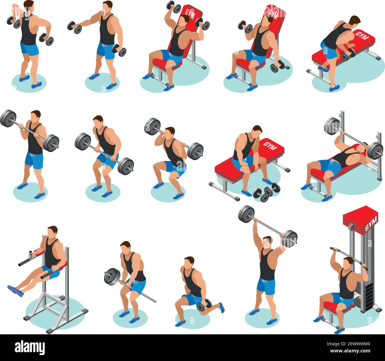 Body building isometric icons with athletes during workout with weights and on exercise equipment isolated vector illustration Stock Vector Image Art Alamy
