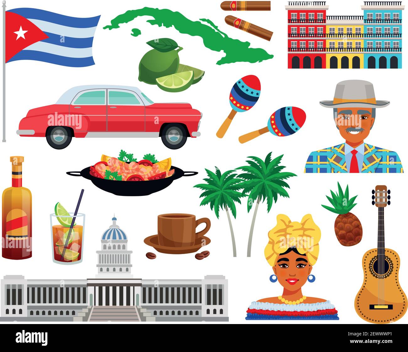 Cuba travel set with sights and landmarks symbols flat isolated vector illustration Stock Vector