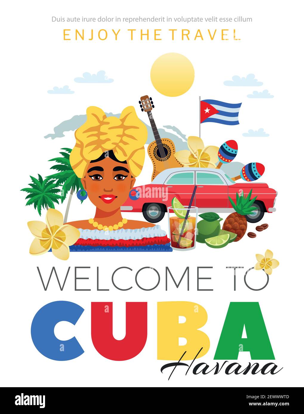 Cubaand Havana travel poster with people and cuisine symbols flat vector illustration Stock Vector