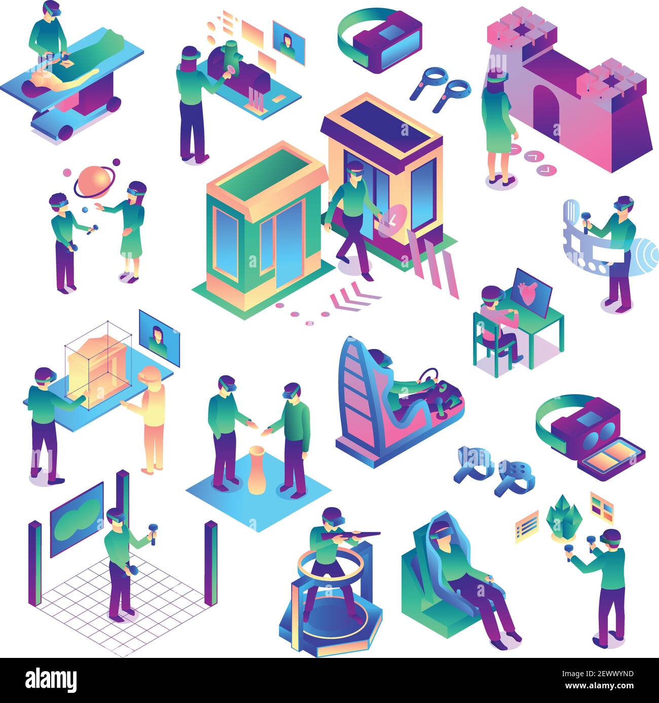 Isometric virtual reality set of colourful isolated images representing