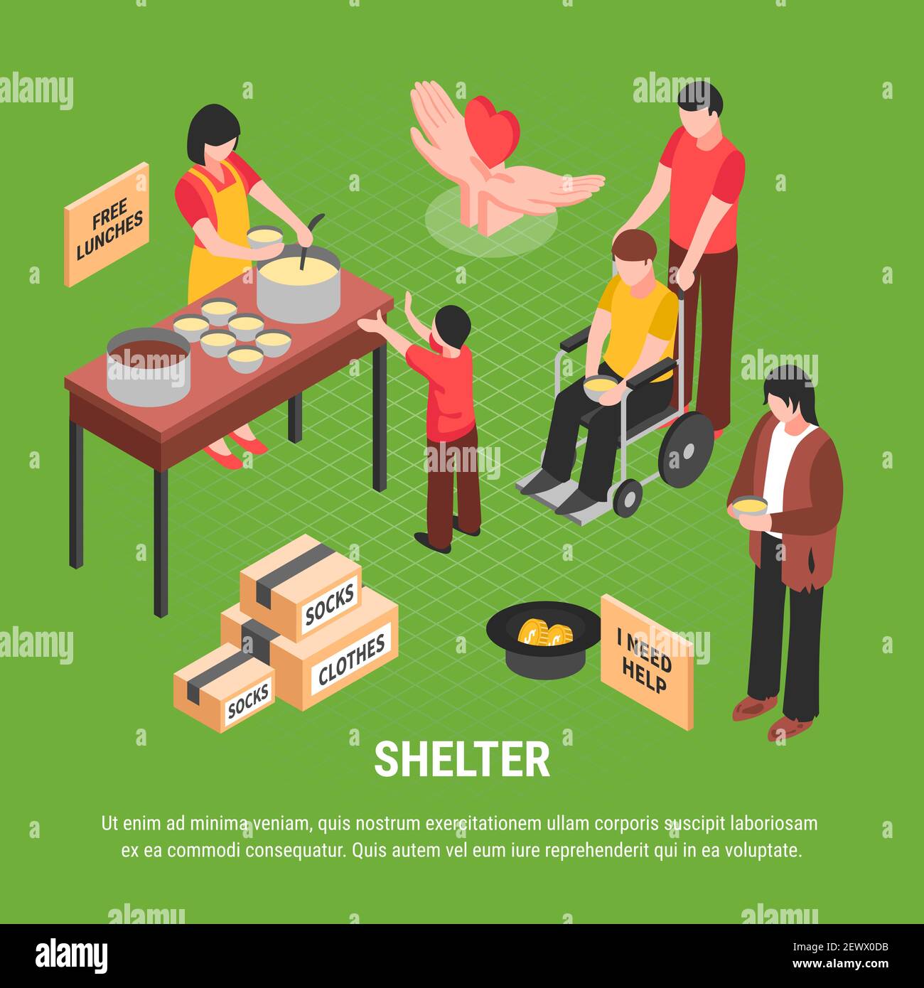 Shelter isometric poster with begging homeless man boxes with clothes