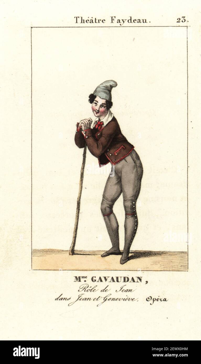 Adelaide Gavaudan in the male role of Jean in Jean-Pierre Solie's comic opera Jean et Genevieve, Theature Feydeau, 1801. Alexandrine-Adelaïde Gavaudan, French soprano opera singer, 1762-1805. Handcoloured copperplate engraving from Le Musee des Theatres dedie aux dames, Premiere Annee, Firmin Didot, Paris, 1819. Stock Photo