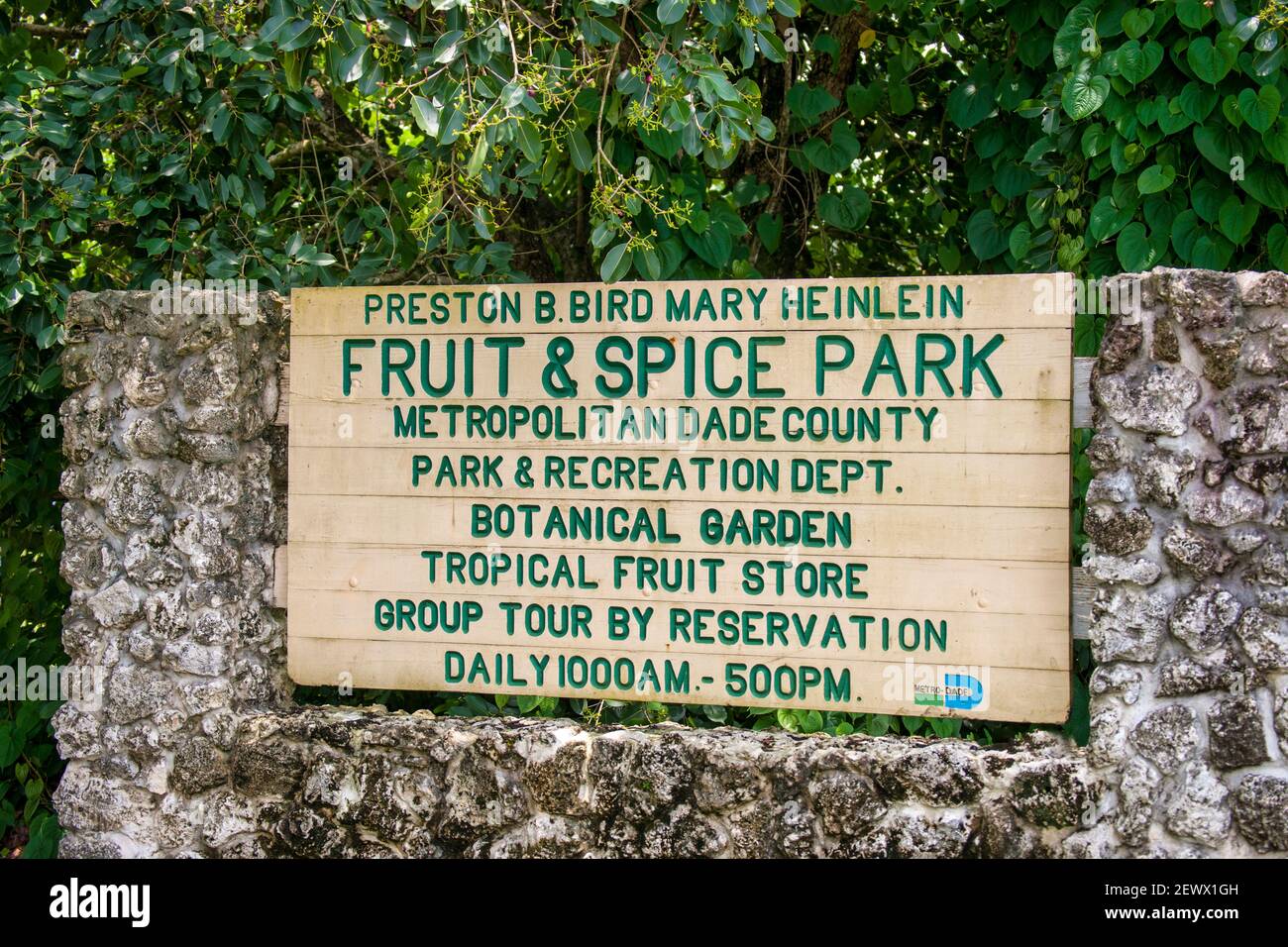The entrance sign at the MiamiDade County Redland Fruit and Spice Park in Florida Stock Photo
