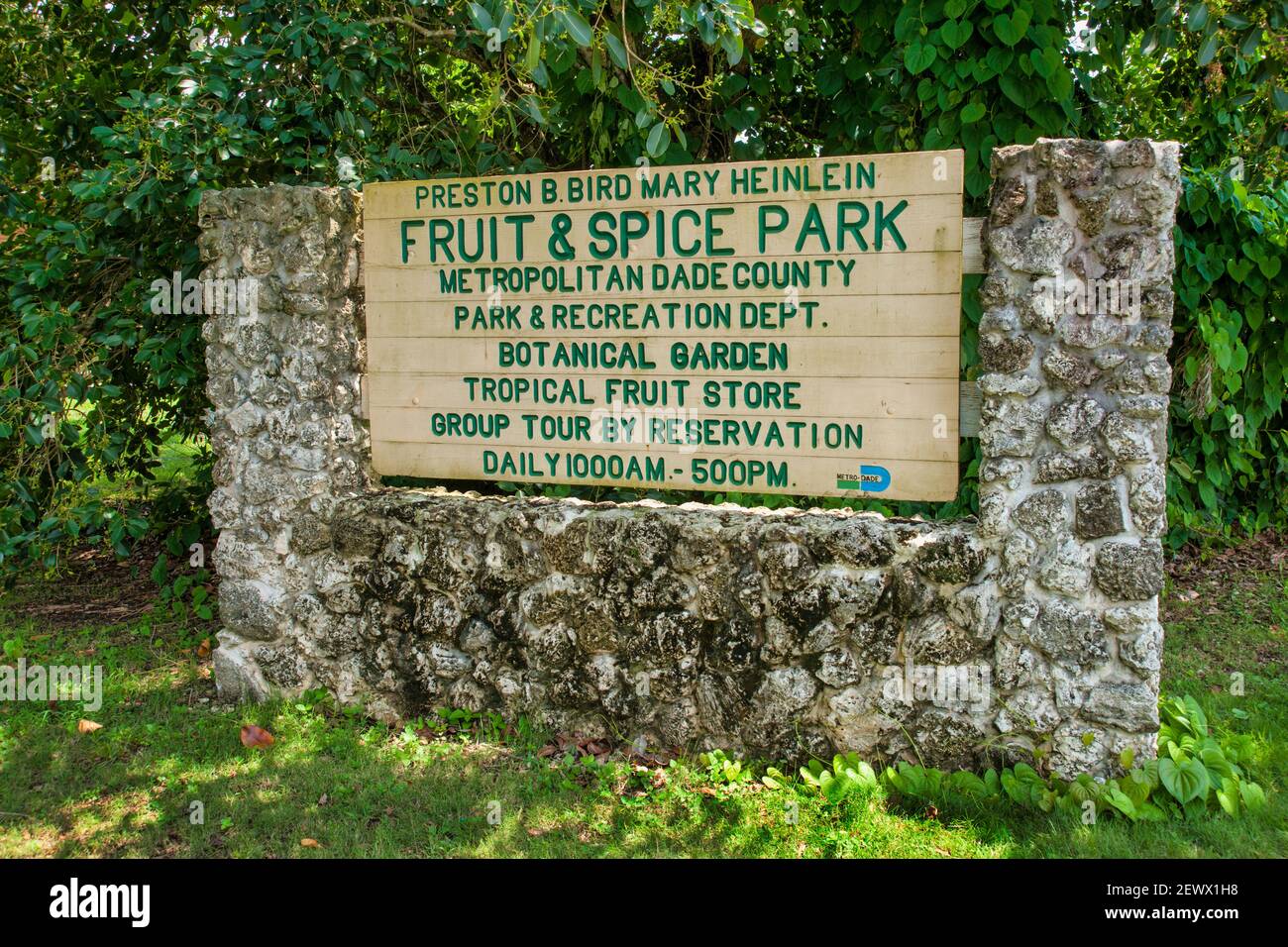 The entrance sign at the MiamiDade County Redland Fruit and Spice Park in Florida Stock Photo