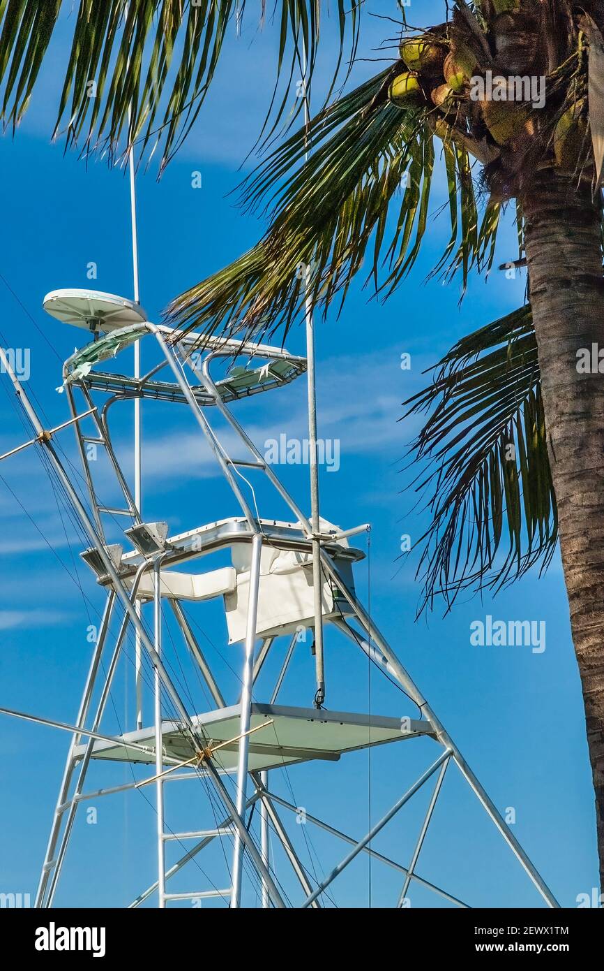 Flying bridge of a boat docked at the Black Point Park Marina on