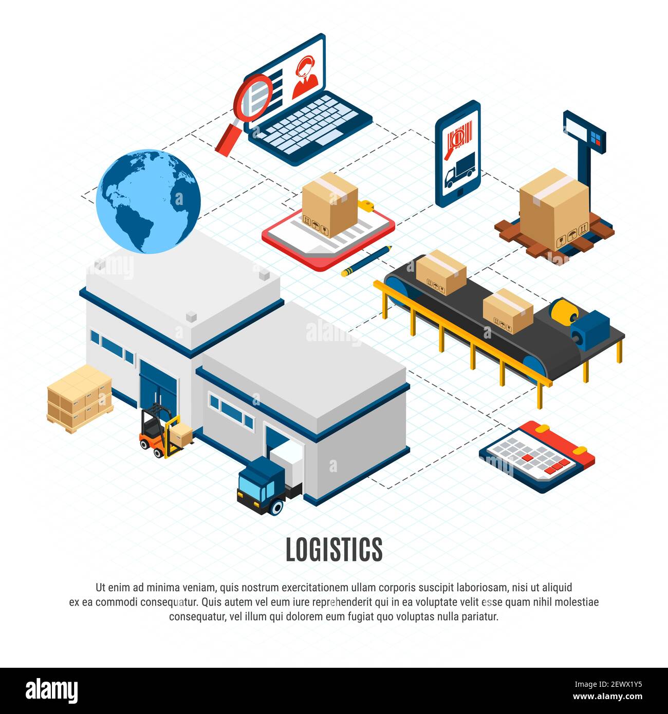Online delivery service logistics isometric flowchart with freight ...