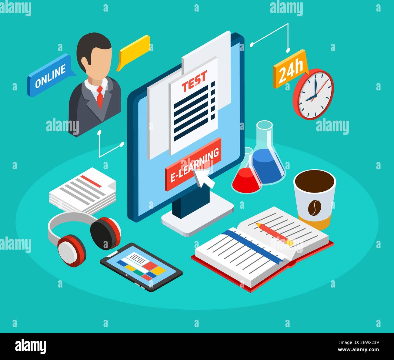 Various tools and objects for online education at home isometric concept 3d vector illustration Stock Vector