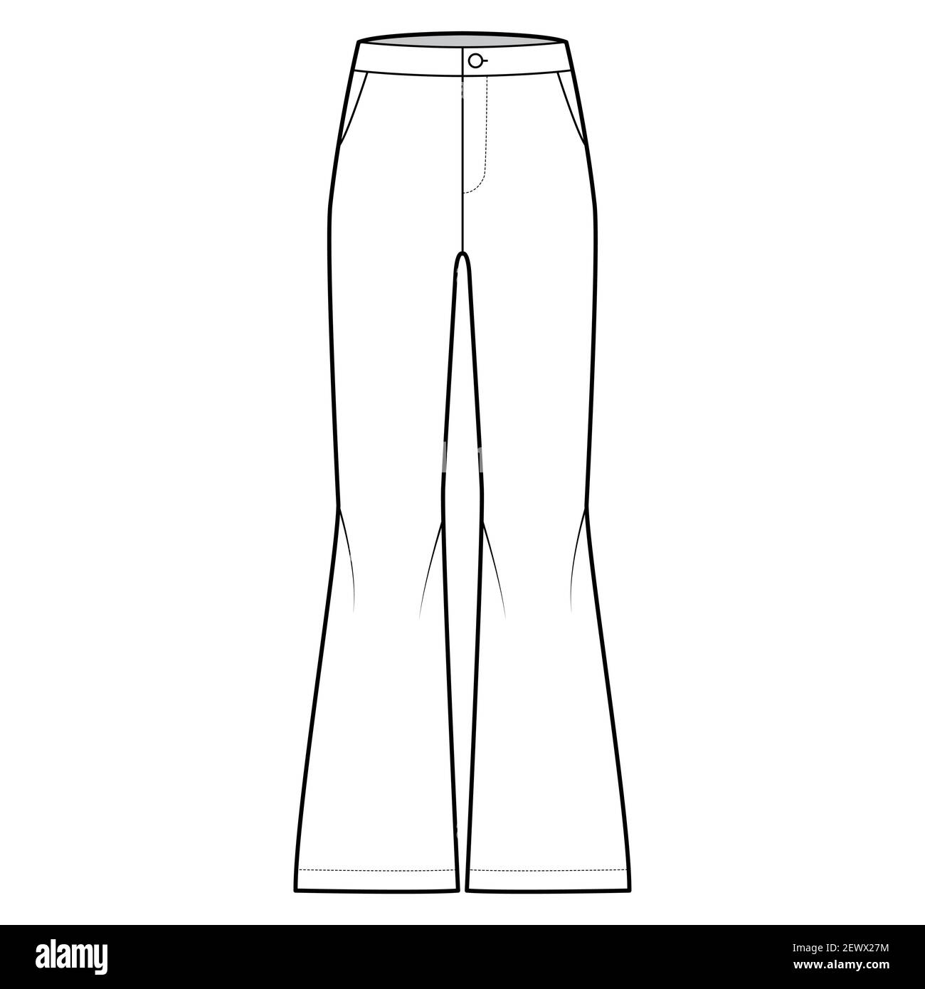 pants bell bottom technical fashion illustration with normal waist high rise slant pockets wide legs full length flat trousers apparel template front white color women men unisex cad mockup 2EWX27M