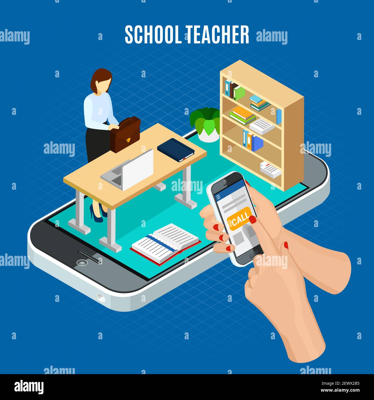 Online education isometric concept with pupil calling school teacher 3d ...
