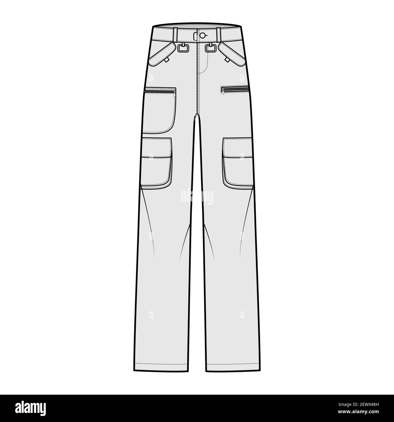 Set of Ski pants technical fashion illustration with low waist, rise, flap  zipper patch pockets, belt