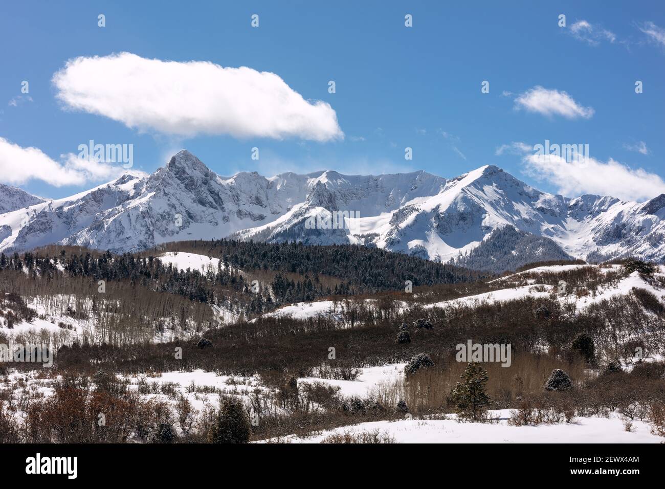 Scenic winter view of the Sneffels Range in the San Juan Mountains near Ridgway, Colorado Stock Photo