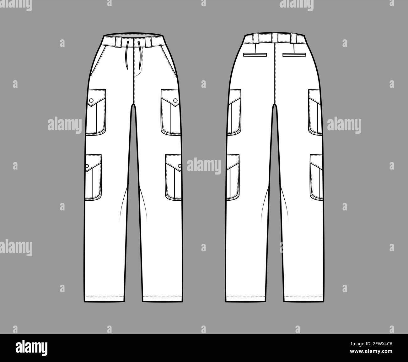 Set of cargo pants technical fashion illustration with normal waist Set of cargo pants technical fashion illustration with normal waist