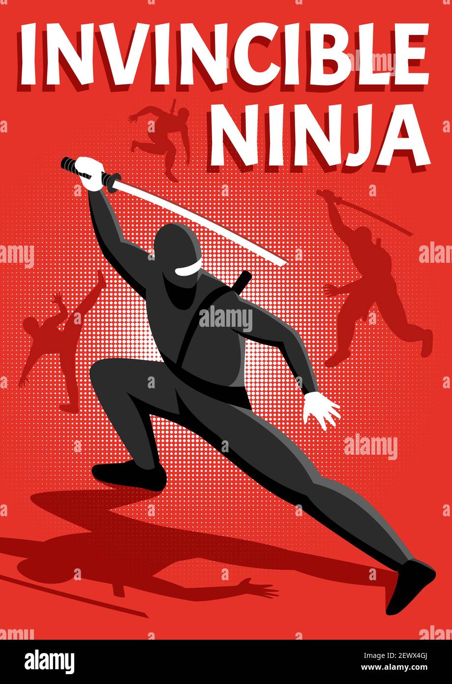 Invincible ninja warrior isometric shiny red background poster with popular online  action packed game character vector illustration Stock Vector