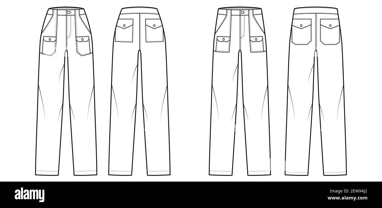 Set of Bush pants Denim pants technical fashion illustration with normal low waist, patch