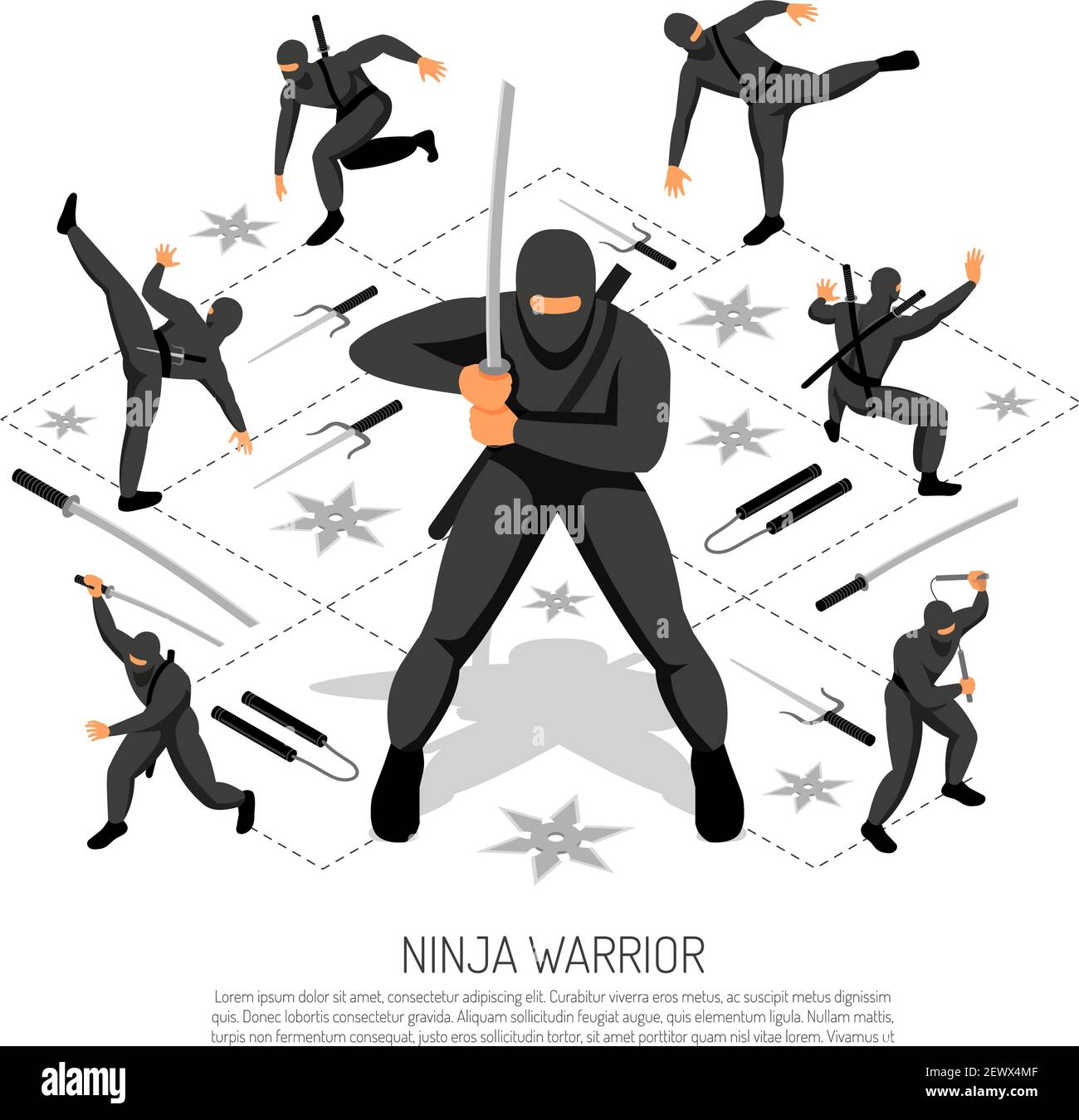 Ninja warrior unbeatable stickman character in various action poses isometric interactive video game advertisement poster vector illustration Stock Vector