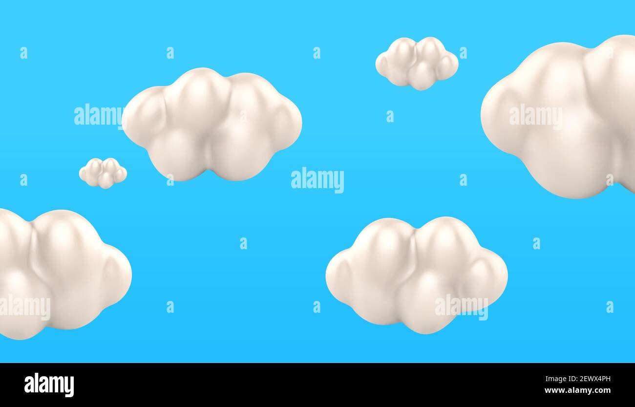 3d white cloud wallpaper background. Natural sky elements isolated on blue background. Stock Vector