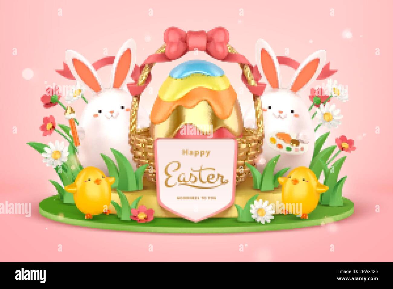 3d Easter Egg Hunt Background Cute Rabbits With Painting Tools Standing Beside A Huge Easter Egg Basket Stock Vector Image Art Alamy