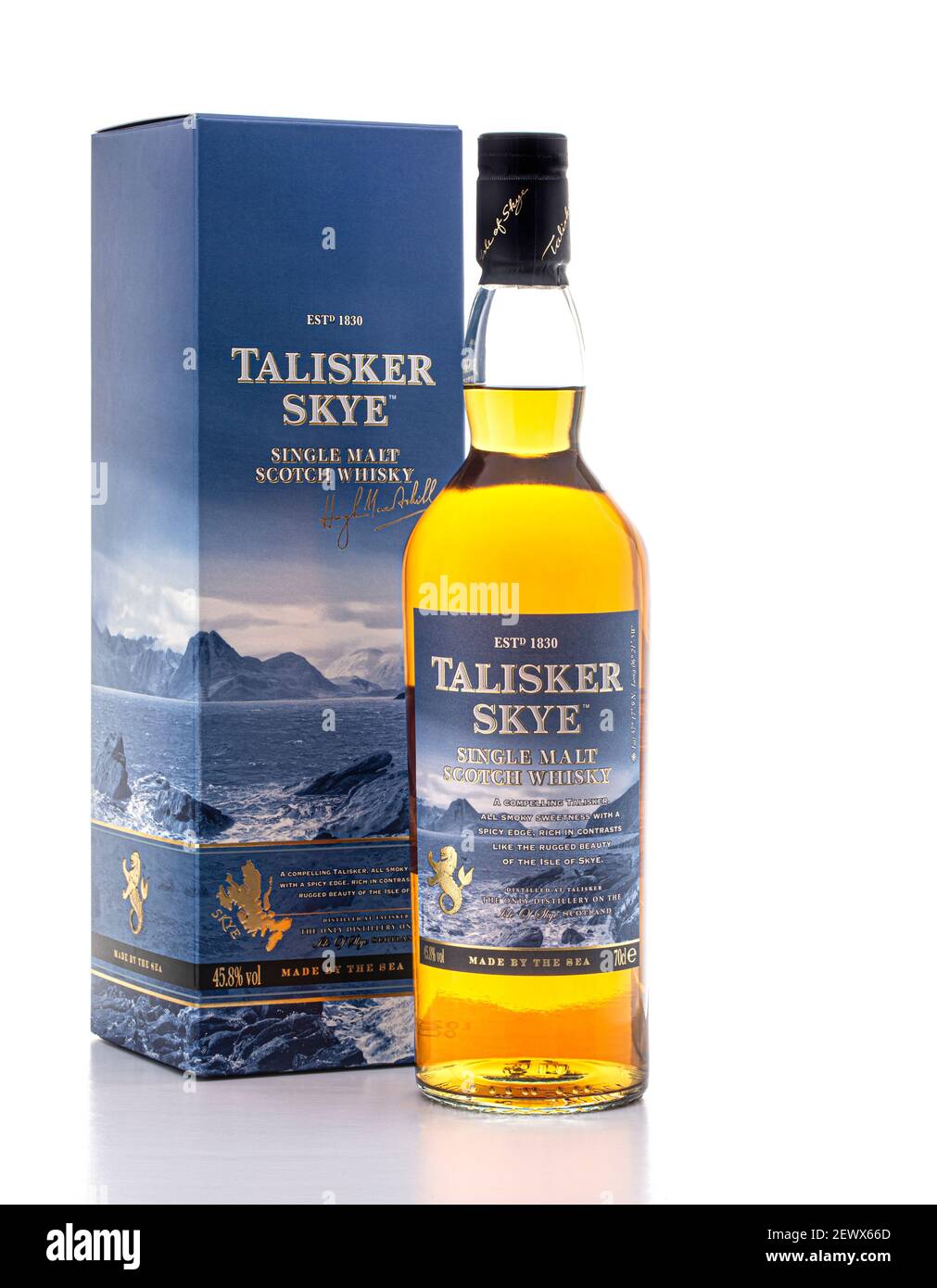 SWINDON, UK - MARCH 3, 2021: Talisker Skye Single Malt Scotch Whiskey with presentation box on a white background Stock Photo
