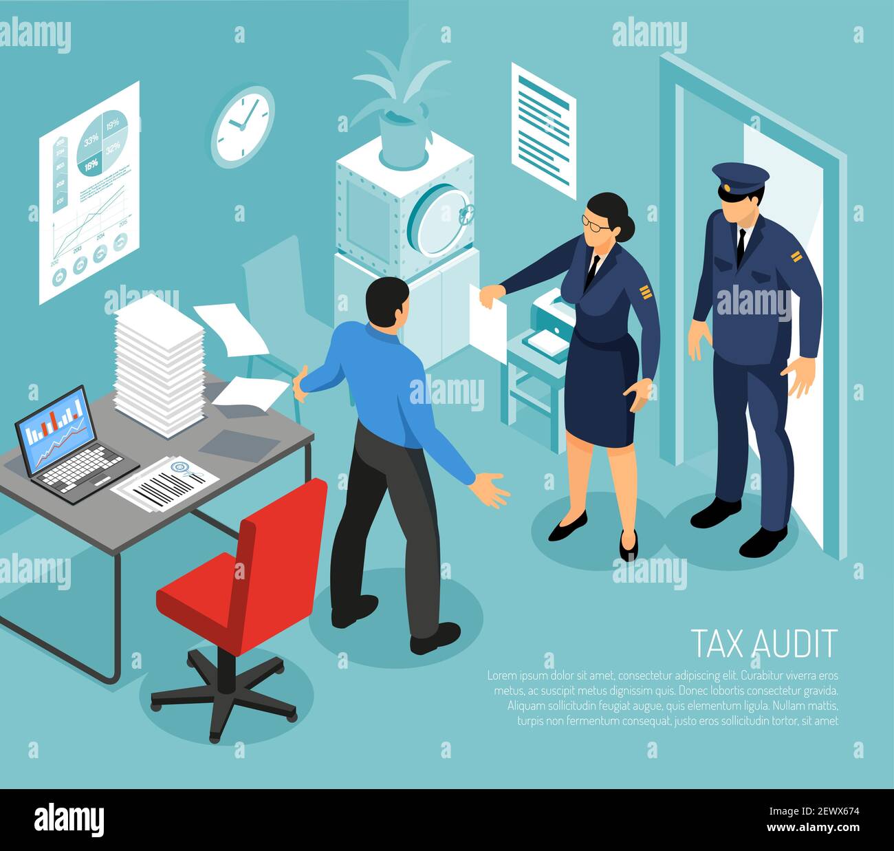 Tax audit in business office with 2 inspectors and failed meeting deadline accountant isometric composition vector illustration Stock Vector