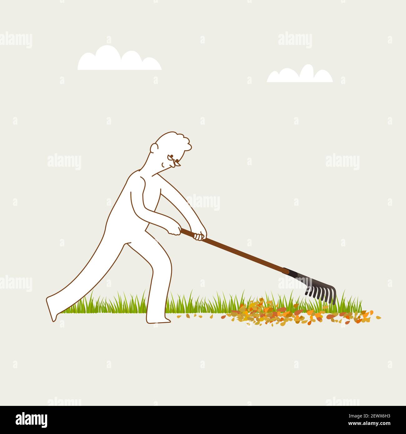 Man raking dried fallen leaves off the lawn, removing debris from the yard. Leisure activity at home. Retirement concept. minimal design illustration. Stock Vector