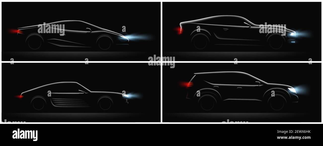 Realistic car silhouete dark set of four profiles with different car