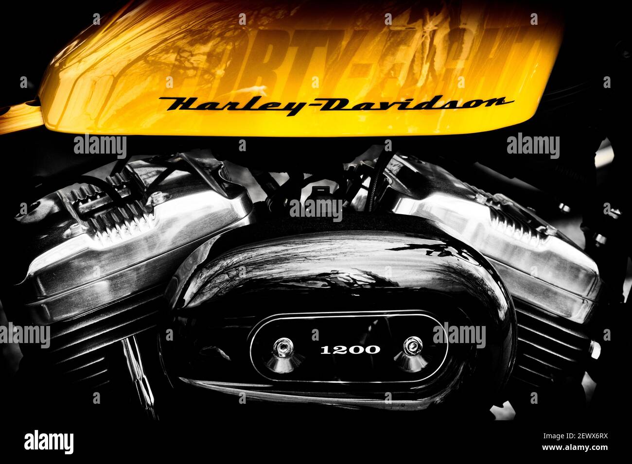 Harley Davidson 48 motorcycle. Spot coloured Black and White Stock Photo