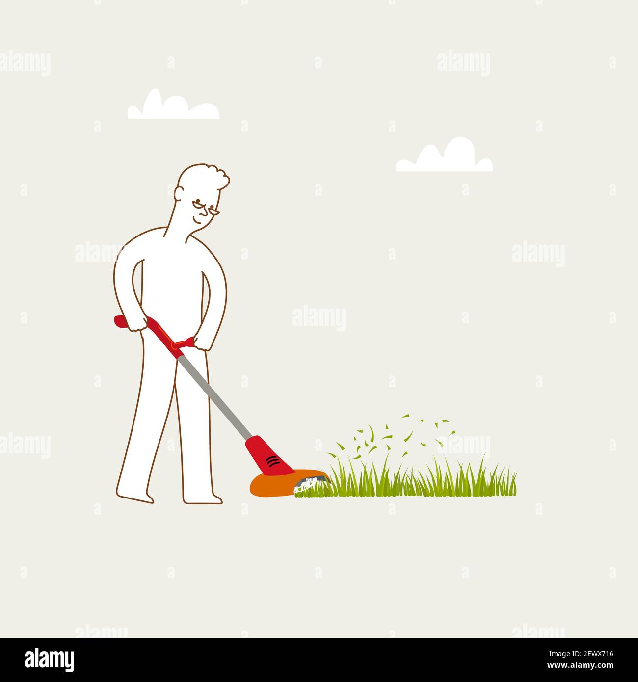 Man cutting grass with handheld grass cutter. concept illustration for hobby, retirement. Minimal design. Stock Vector