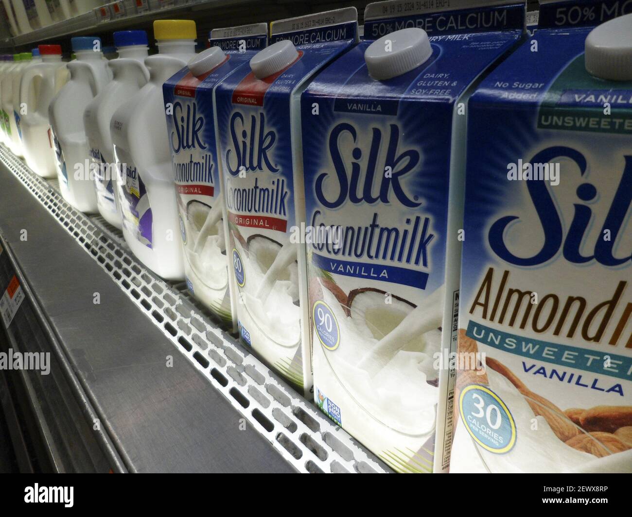 Cartons of Silk brand coconut milk are seen in a supermarket