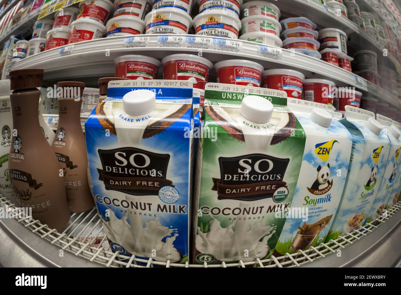 Coconut milk is seen in a supermarket refrigerator in New York on