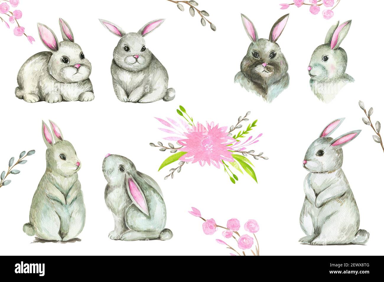 Spring rabbit collection clipart. Happy Easter cute bunny animals set