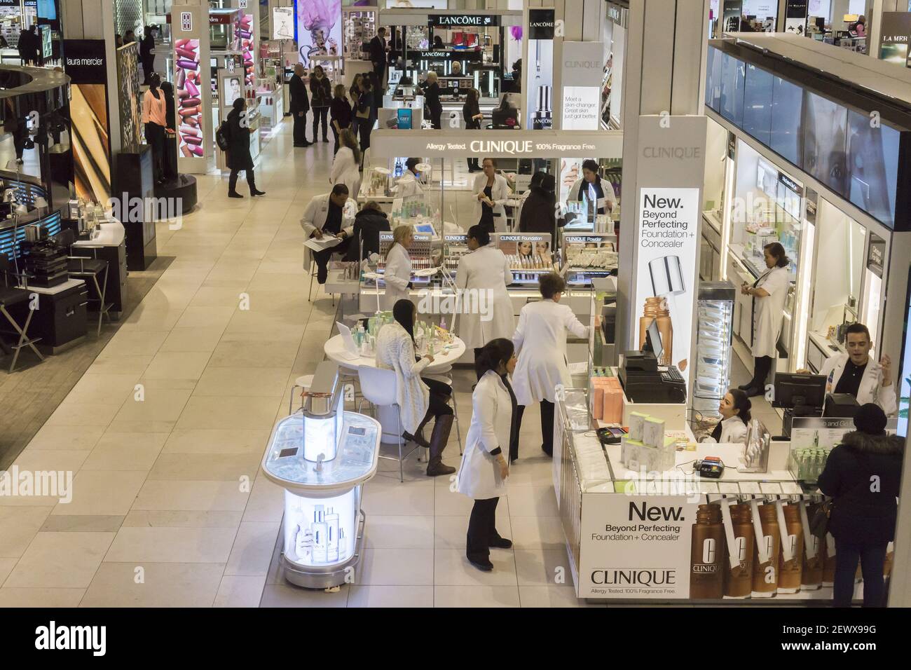 Clinique and other cosmetics in the Macy's Herald Square flagship department  store in New York on Tuesday, February 24, 2015. In advance of Macy's  second-quarter earnings. (Photo by Richard B. Levine) ***