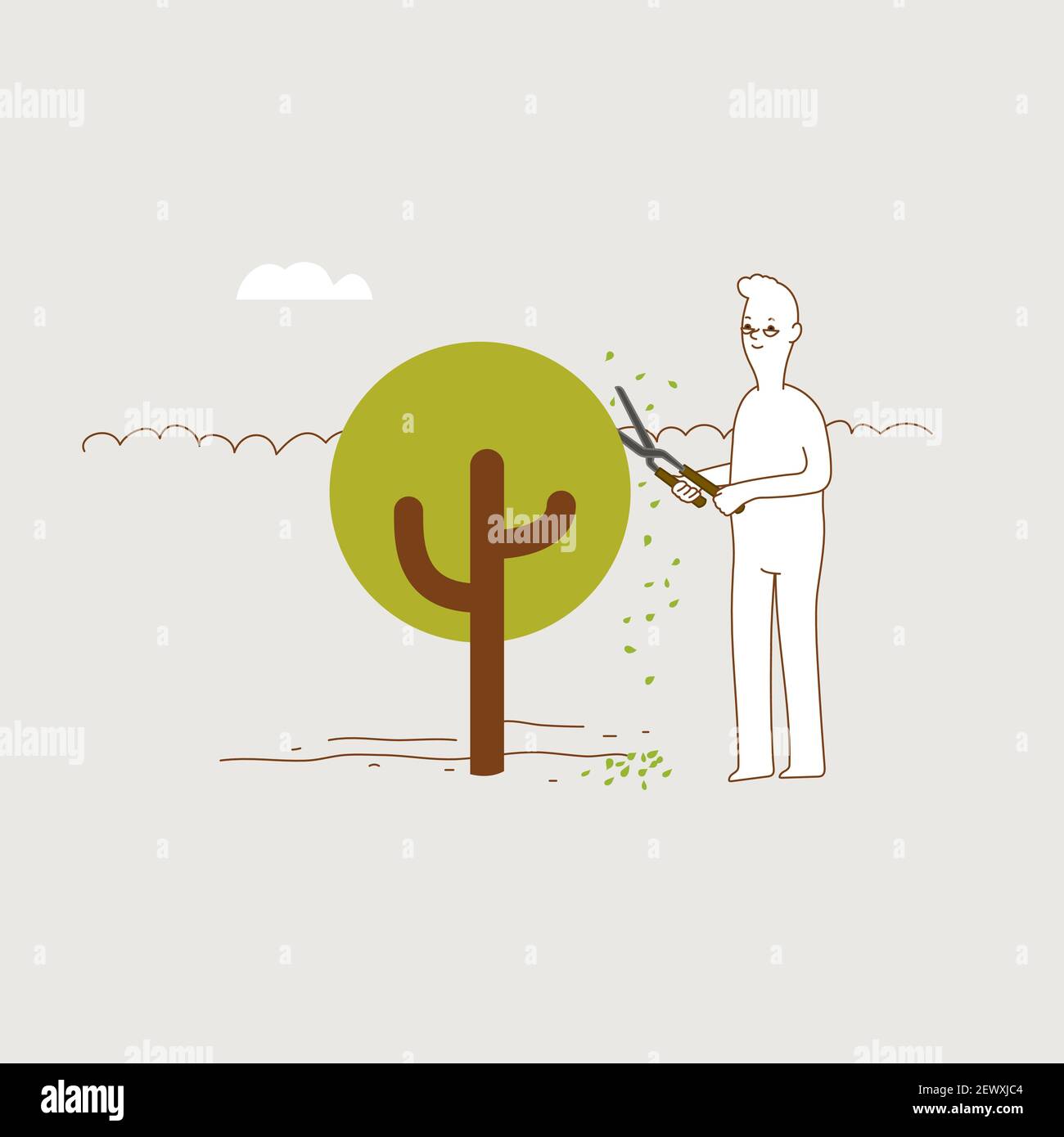Man trimming tree with hedge shears, minimal vector illustration. Stock Vector