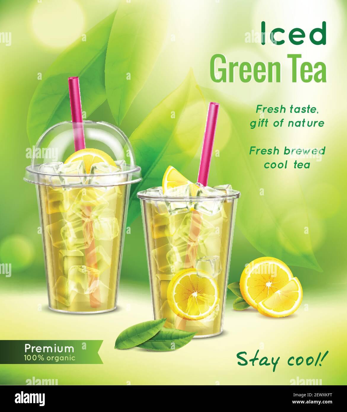 Iced green tea realistic advertising composition with 2 full glasses