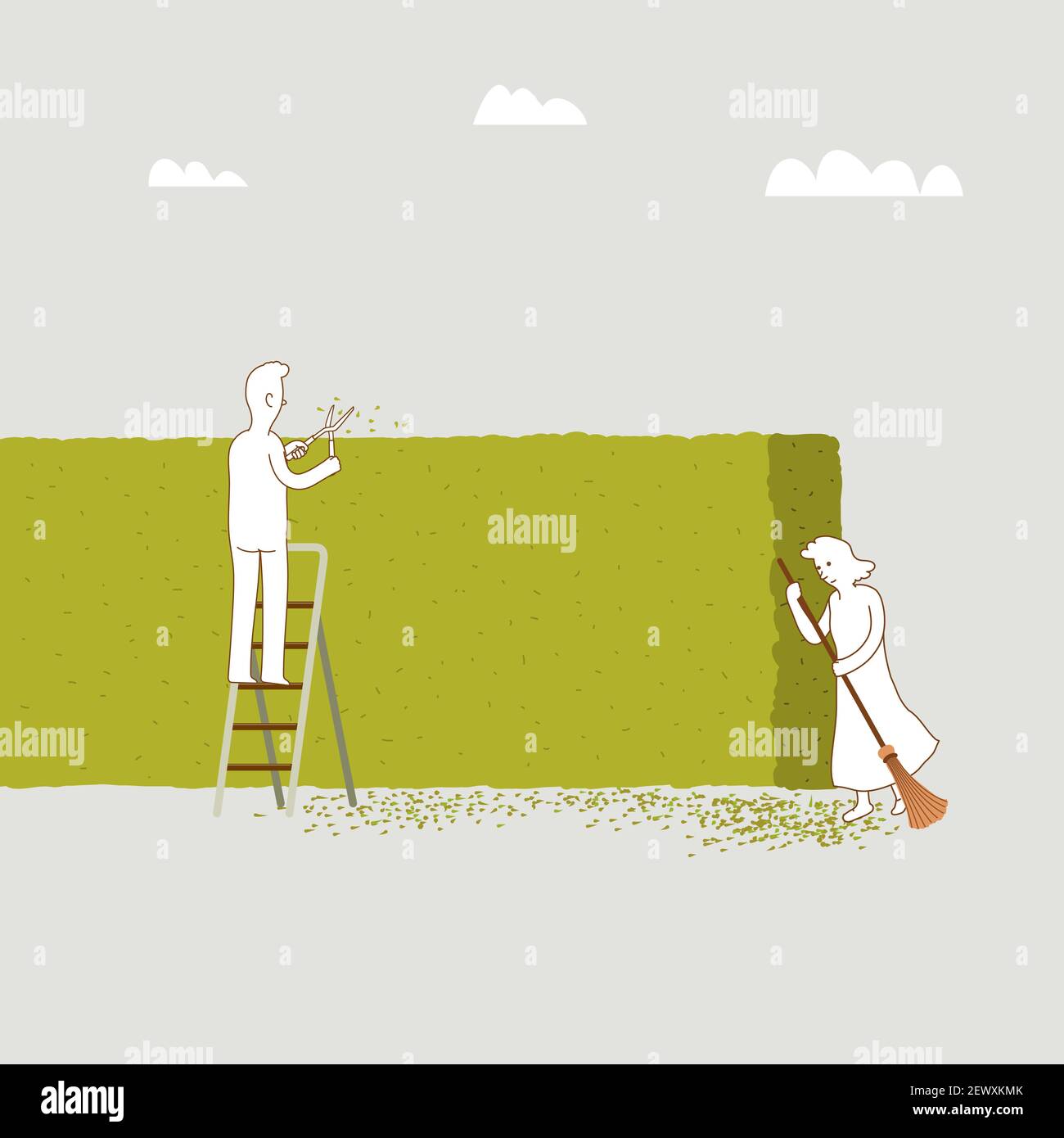 Elderly couple working in the garden, Man trimming hedge using hedge shears and women sweeping the floor using broom, Leisure activity at home. Minima Stock Vector