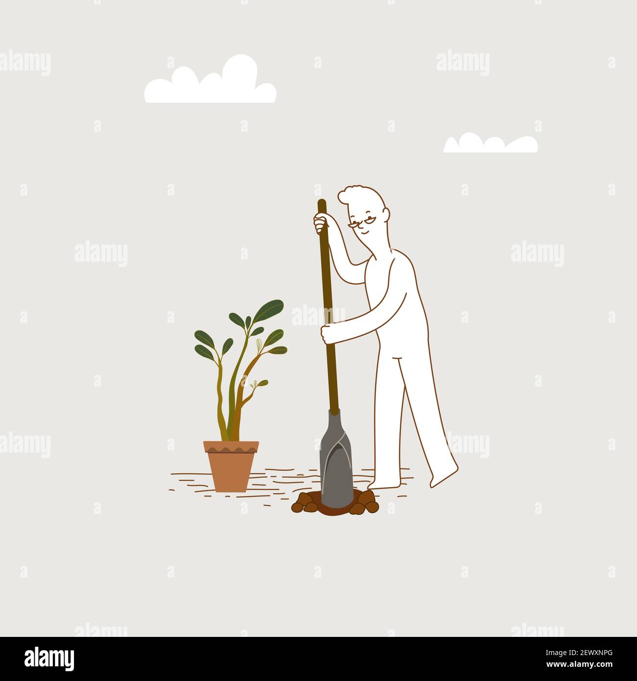 Man digging hole in the ground using shovel, preparing ground to plant the tree, small tree in the pot by his side. Stock Vector