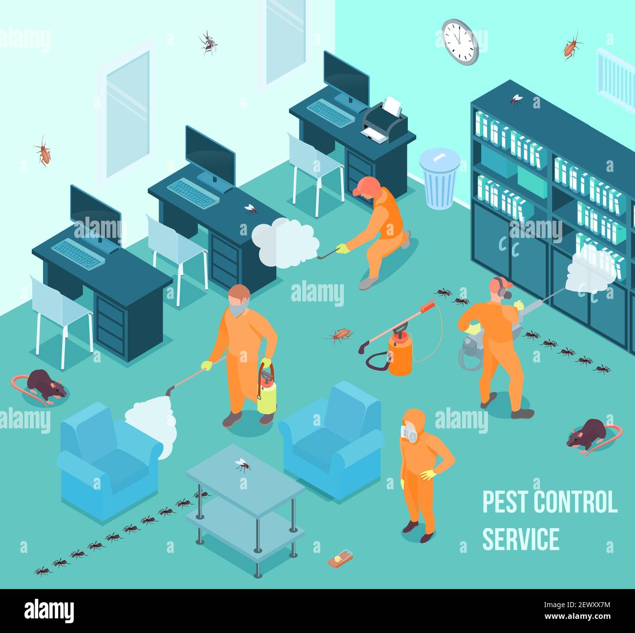 People from pest control service doing disinfection in office 3d isometric vector illustration Stock Vector
