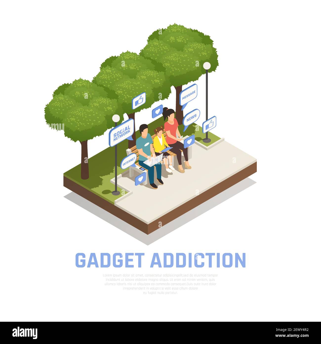 Internet smartphone gadget addiction isometric composition with outdoor scenery images and family with thought bubble pictograms vector illustration Stock Vector