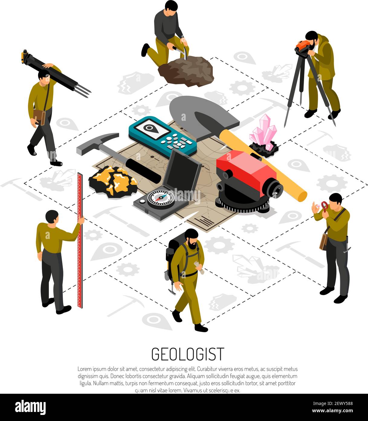 Geologist field work uniform tools minerals samples geodetic
