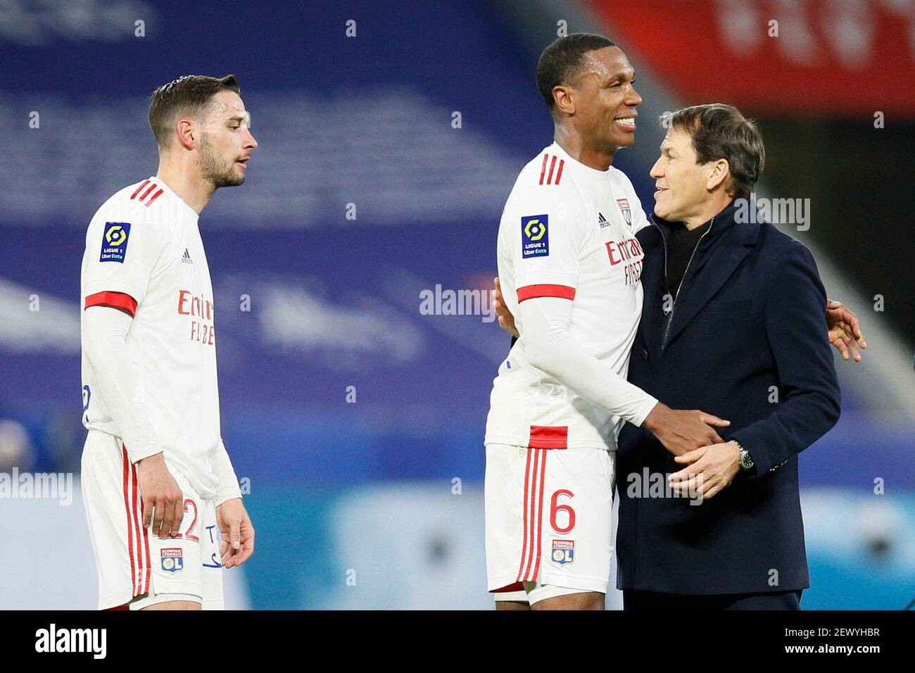 Olympique Lyonnais Players Celebrate Victory After The Match With Coach Rudi Garcia During The Ligue 1 Olympique Lyon Vs Stade Rennais Fc Football Match At Groupama Stadium In Lyon France On March