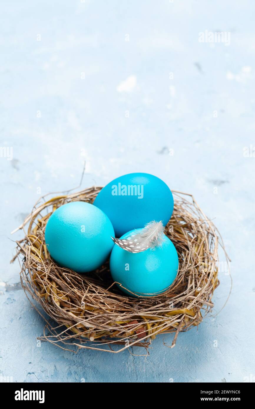 Colorful easter eggs in nest on stone background. With space for your ...