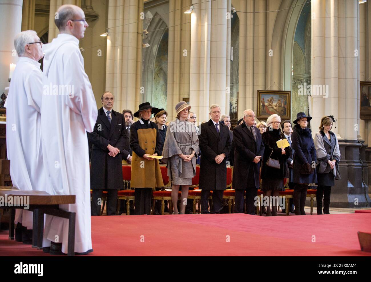 King Filip and Queen Mathilde and the Members of the Royal Family King Albert II, Queen Paola Princess Astrid Prince Lorenz, Prince Laurent, Princess Claire attend the annual celebration of the Eucharist in memory of the deceased members the Royal Family. The Mass will take place at the Our Lady Church in Laken. Feb. 12, 2015 *** Please Use Credit from Credit Field *** Stock Photo